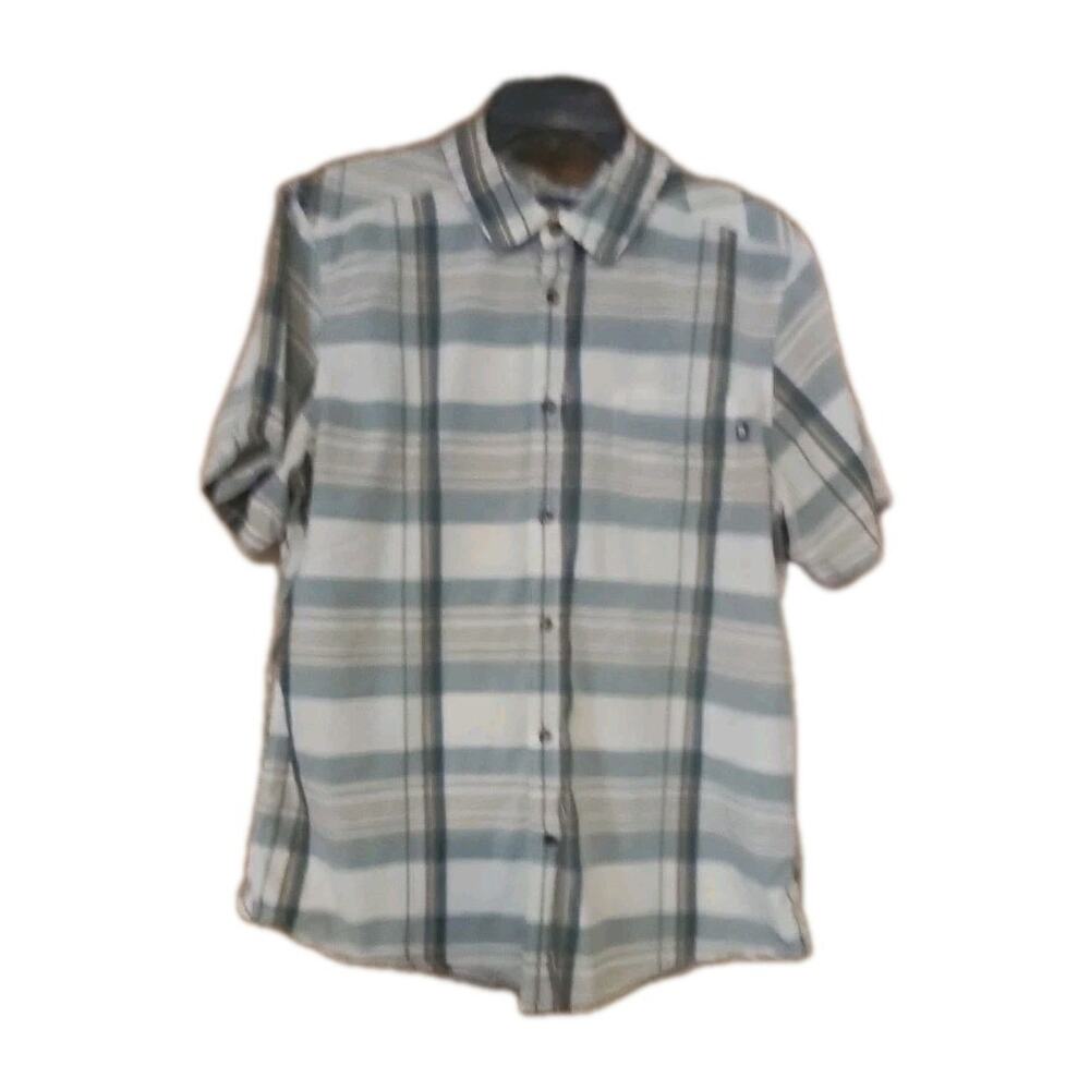 North Face Shirt Mens Large Beige Yellow Blue Plaid Short Sleeve Button Hiking